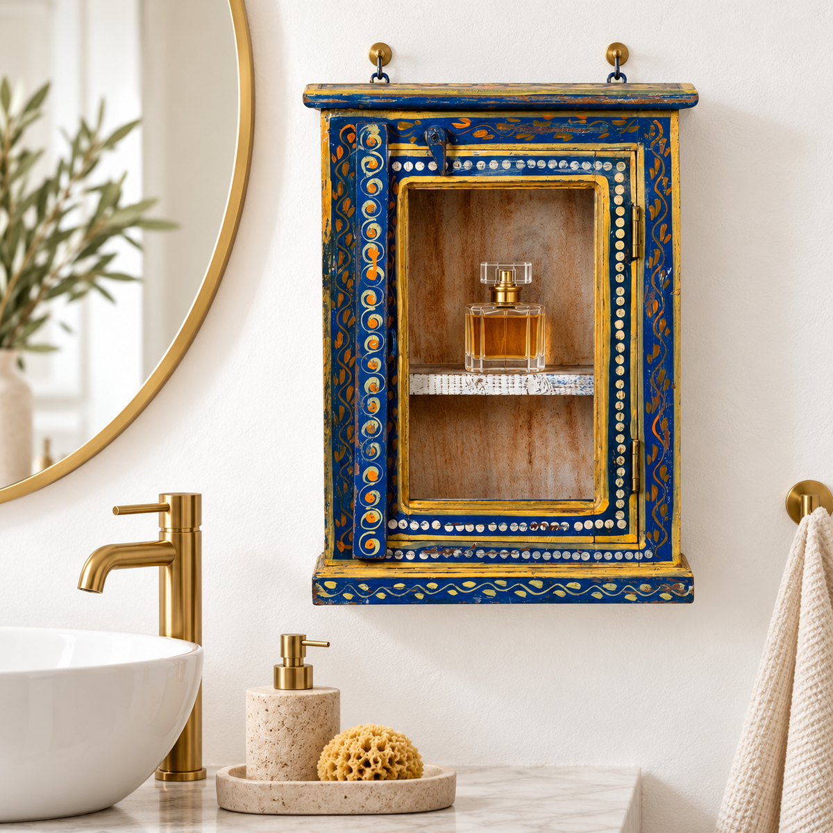Lifestyle image of a Gauransh hand painted reclaimed wood wall shelf with rustic decorative character 40cm