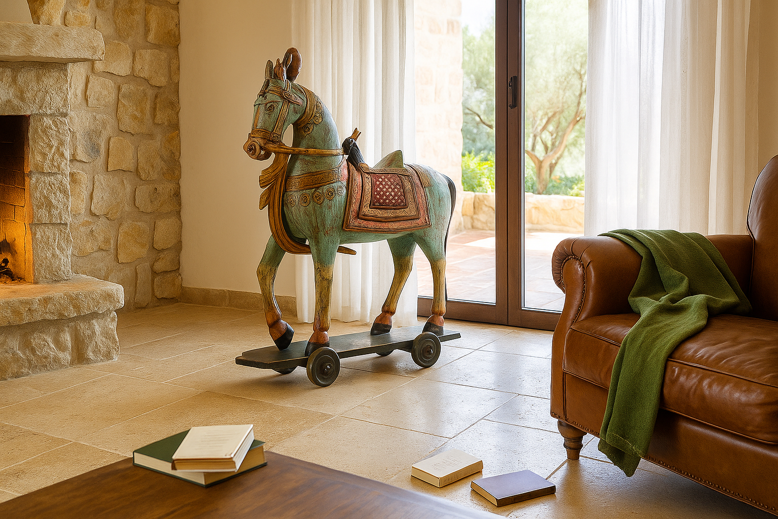 Lifestyle image of a large hand-painted Indian wooden horse sculpture on wheels – Rajasthani mango wood decor piece, ideal as artistic Indian home accessory, 110x90x30cm.