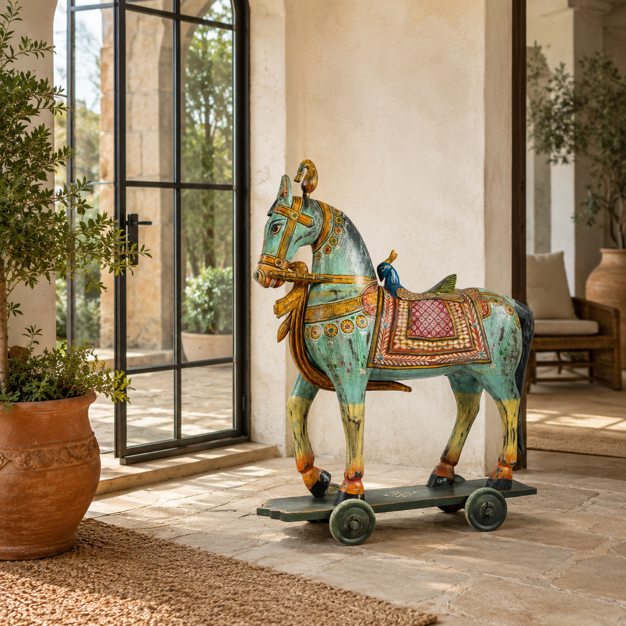Lifestyle image of a large hand-painted Indian wooden horse sculpture on wheels – Rajasthani mango wood decor piece, ideal as artistic Indian home accessory, 110x90x30cm.