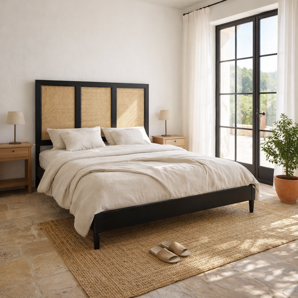 Lifestyle image of a handcrafted Indian bed Govinh in mango wood with black rattan panels, artisanal bedroom furniture, 180 × 200 cm.
