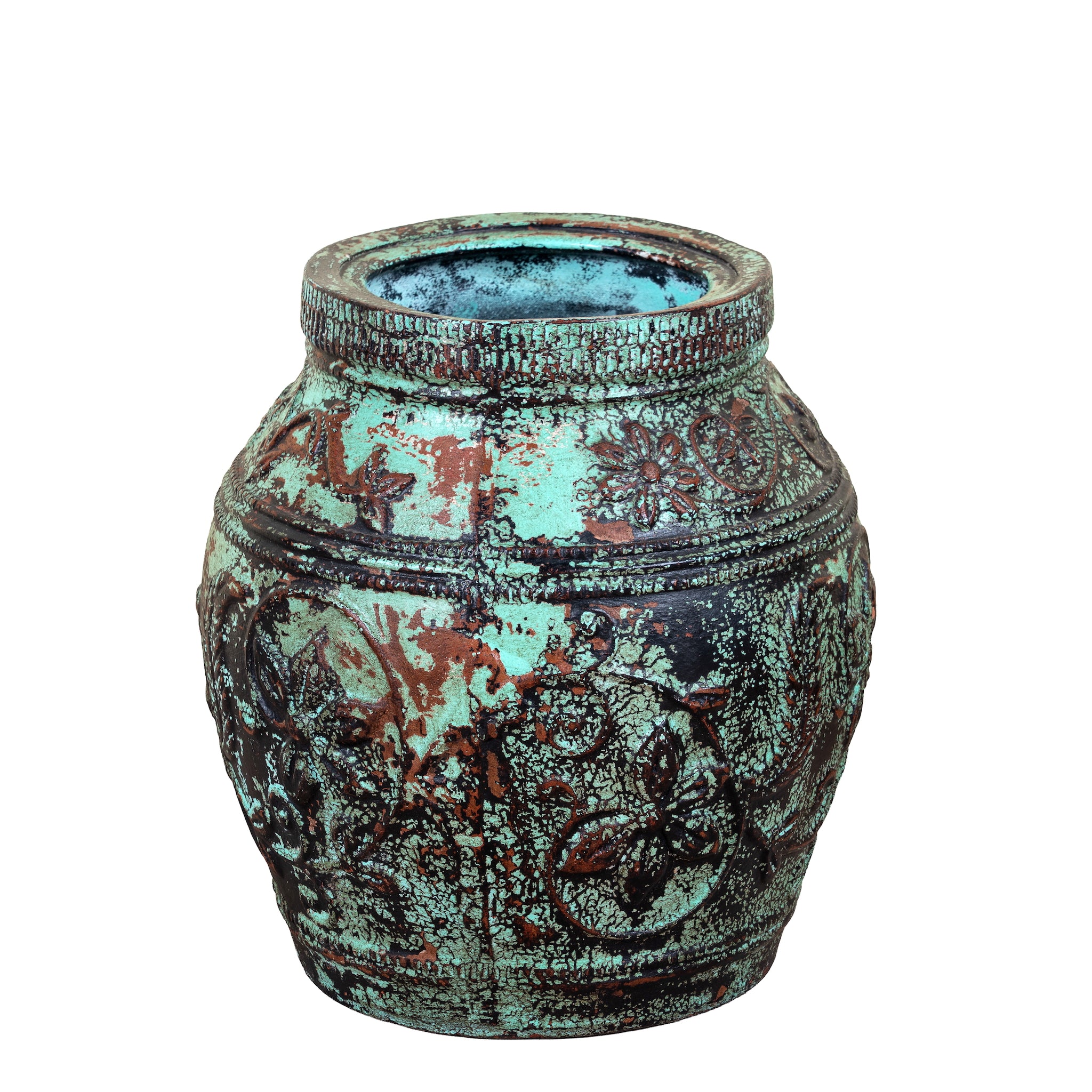 White background image of a and-painted clay vase with vintage distressed turquoise finish, raised floral relief pattern and rounded silhouette, 35cm.