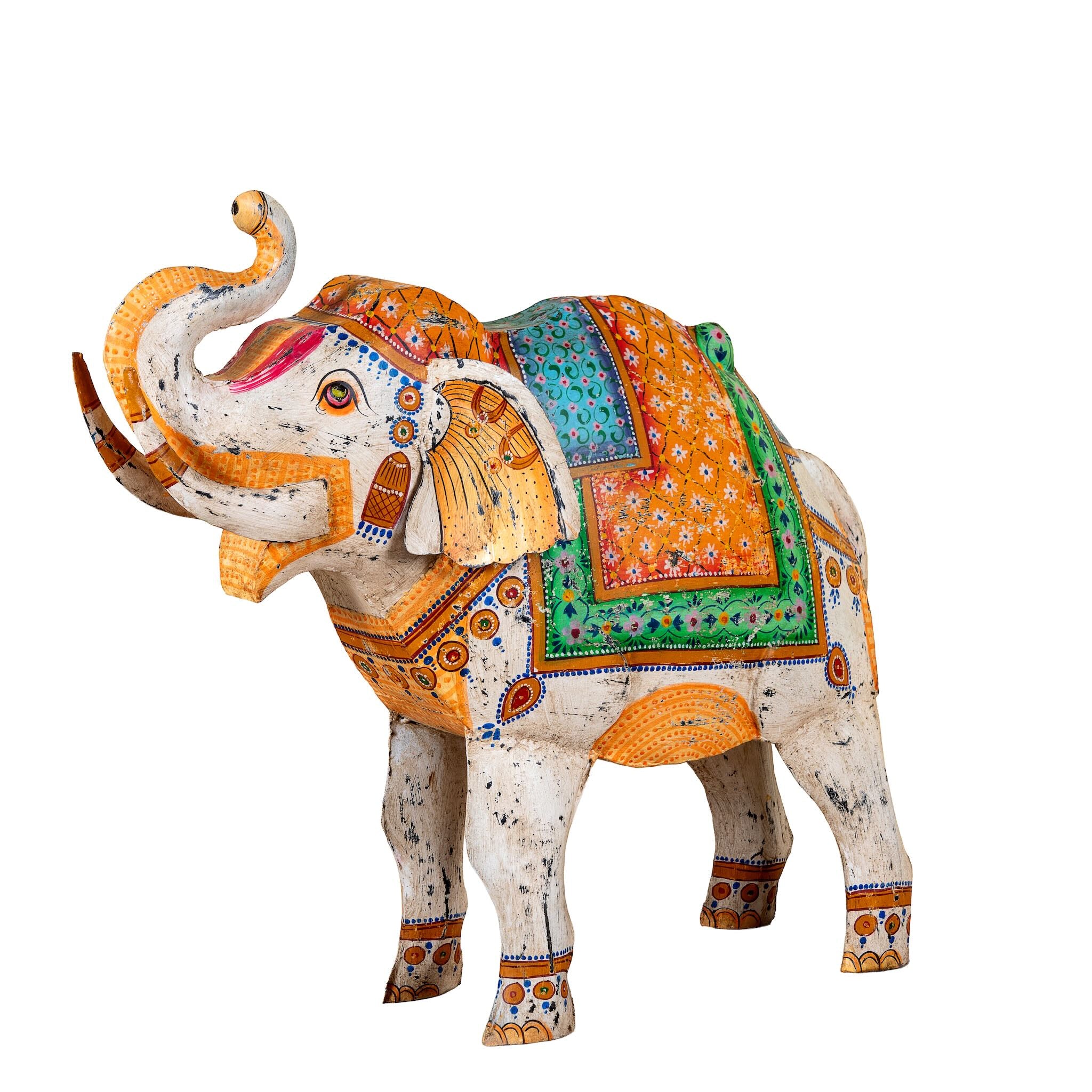 White background image of a handcrafted metal elephant sculpture with painted finish – a unique painted metal decoration perfect for vintage home decor and artistic interiors.
