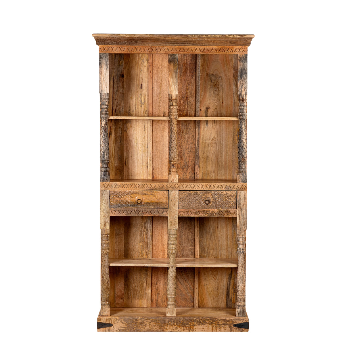 White background image of a handcrafted mango wood bookshelf with carved detailing – mango wood shelving and carved wooden furniture in a warm brown finish for timeless interiors.