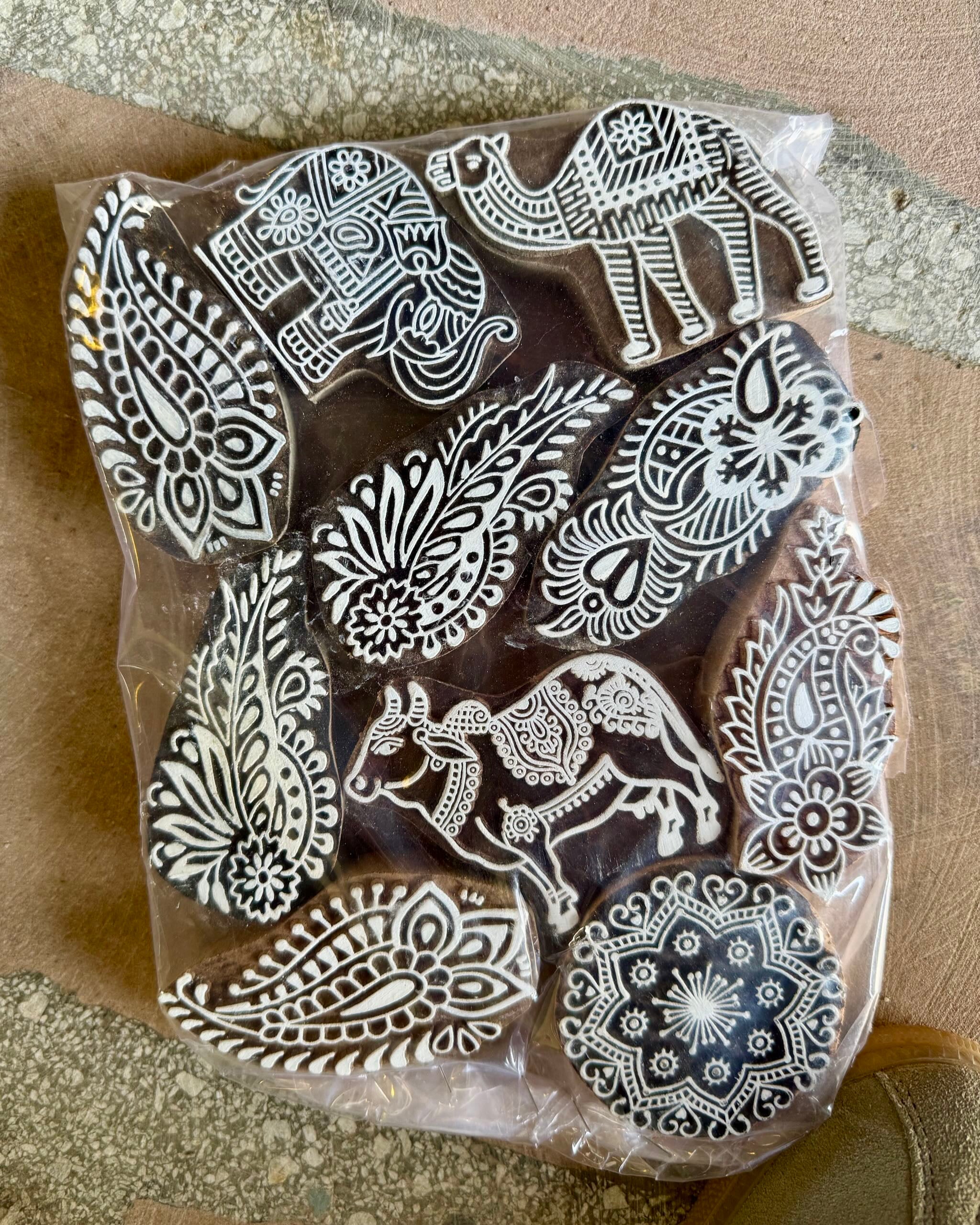 Hand-carved wooden Indian stamp set of 10 pieces featuring floral and animal designs, perfect for printing, crafts, or vintage and India home accessories.