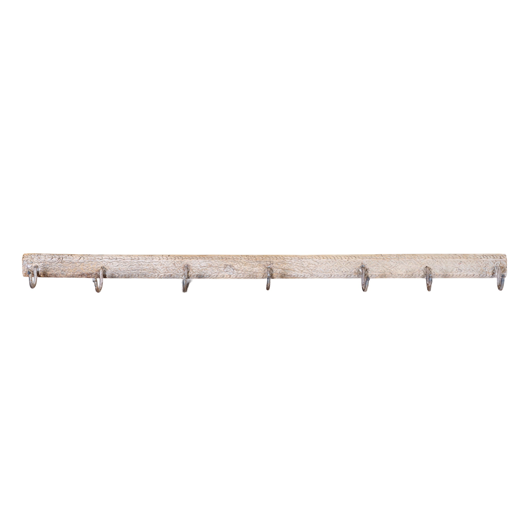White background image of a hand-carved reclaimed wood wall hook rack made from an antique Indian architectural element with five iron hooks, bleached finish, floral carvings, and vintage character, 150cm.