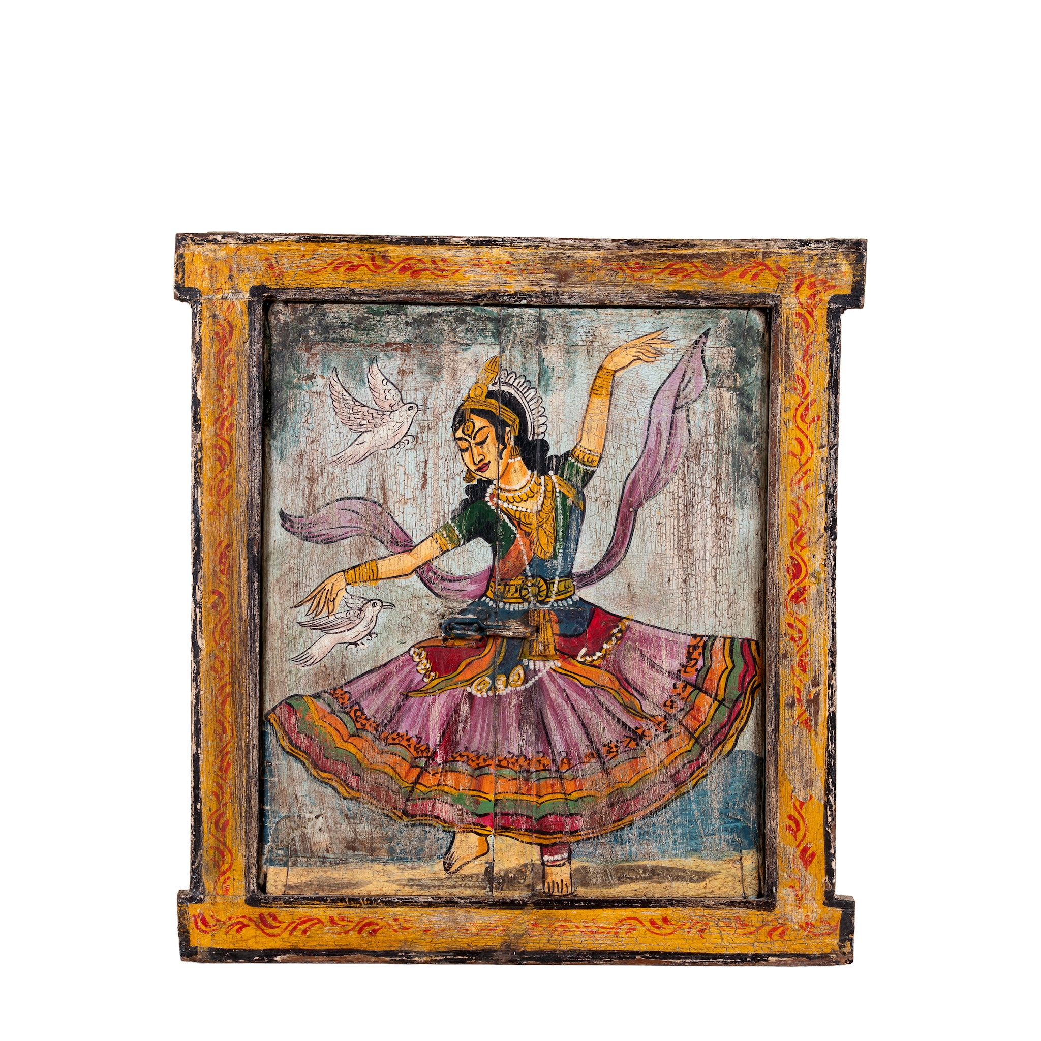 White background image of a Dancer antique reclaimed wood mirror with hand-painted classical Indian dancer artwork on an authentic vintage wooden mirror frame, 50x50x5cm.i