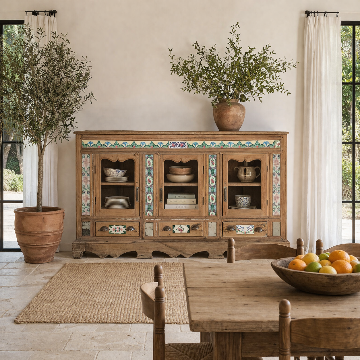 Lifestyle image of a of an antique Portuguese style South Indian glass display case made from reclaimed teak wood with ceramic inlays – sustainable teak wood furniture with historical and cultural elegance.