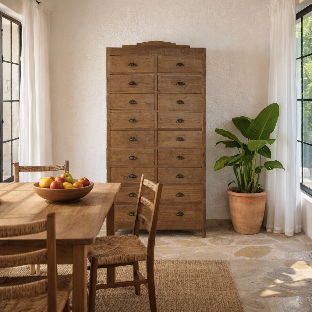 Lifestyle image of a tall teak wood furniture chest of drawers with 18 drawers and iron handles, in natural teak finish, 88 × 190 × 40 cm