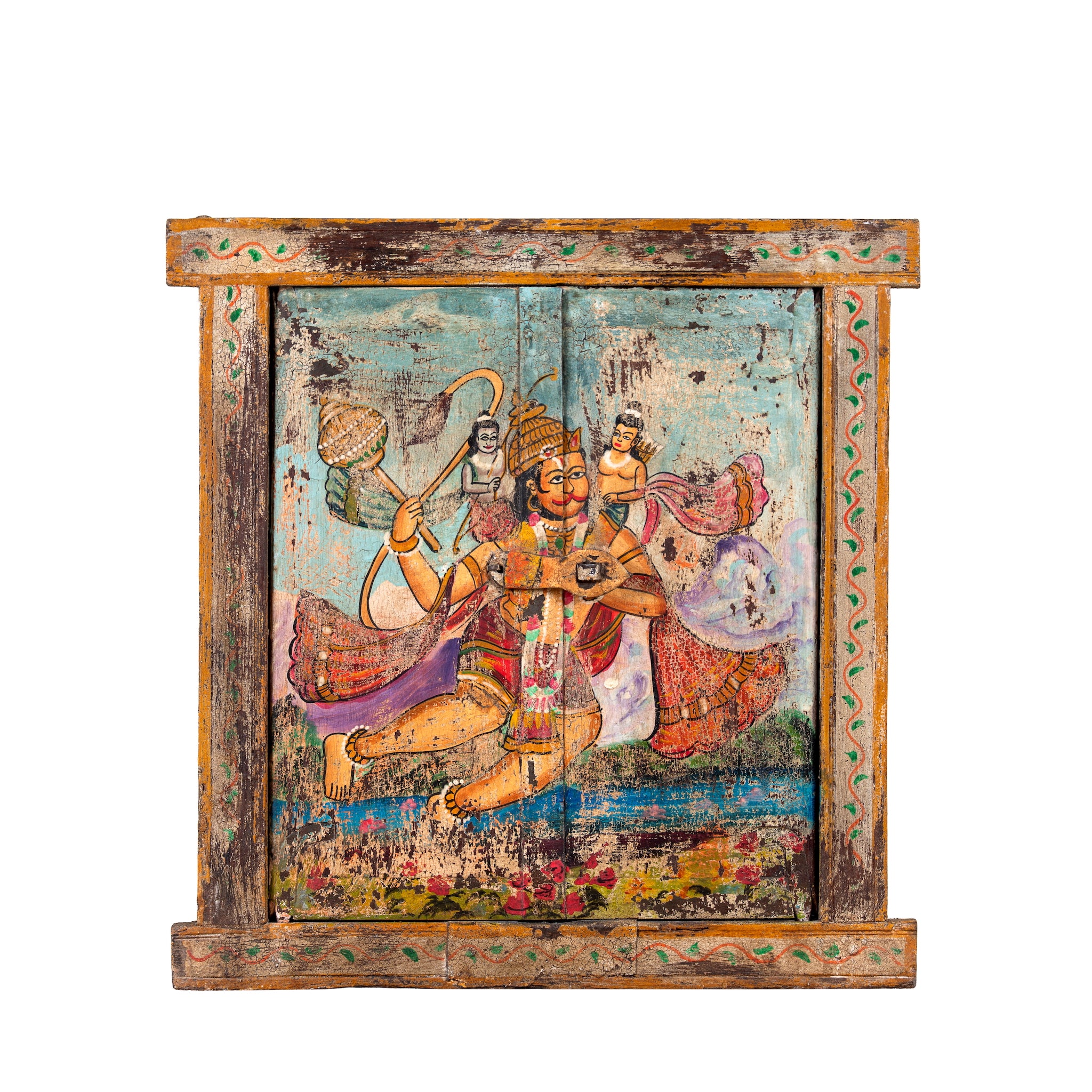 White background image of a Hanuman antique reclaimed wood mirror with hand-painted Hindu artwork, authentic Indian vintage wooden mirror frame, 50x50x5cm.