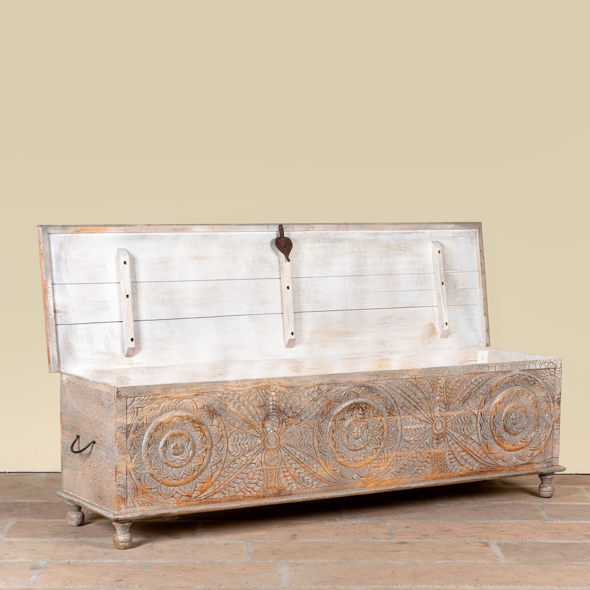Harivansh hand carved mango wood chest with floral design and distressed vintage finish 180cm