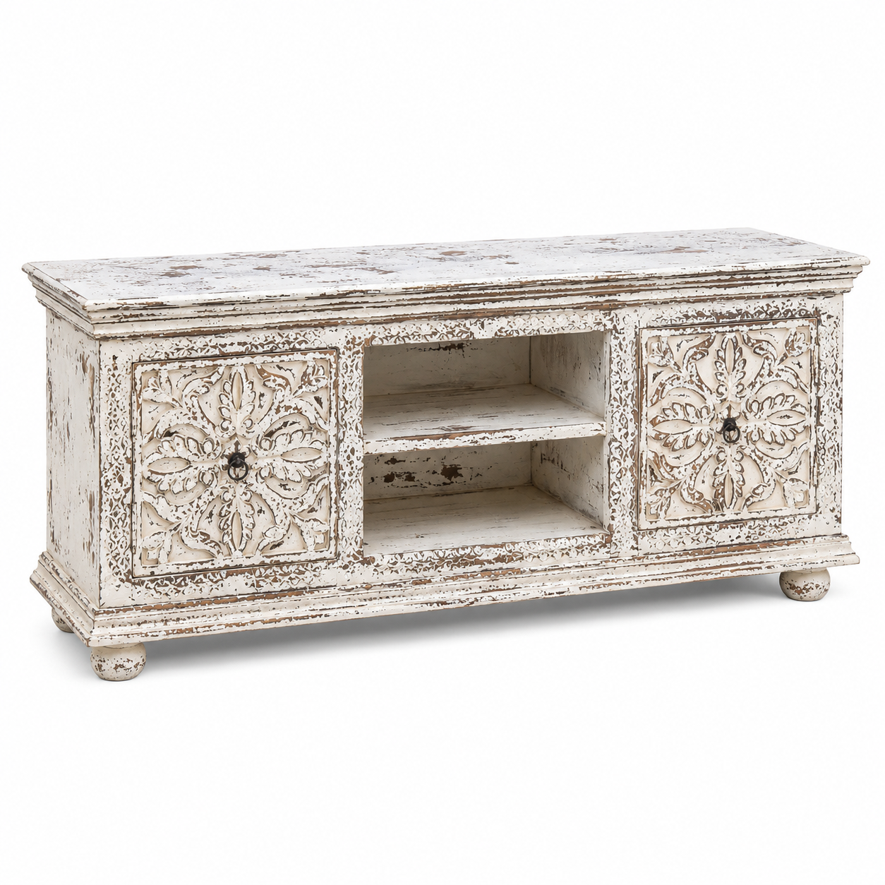 White background image of a Harsh hand carved mango wood TV unit with Indian carved doors 150cm