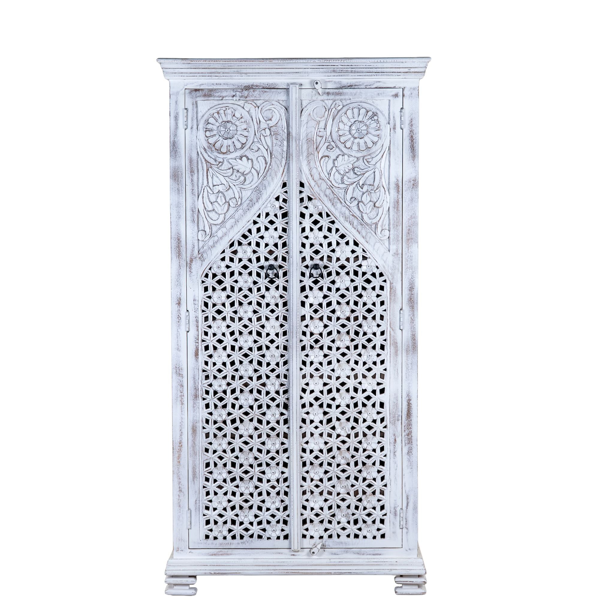White background image of a white-washed hand-carved wooden wardrobe made of solid mango wood, vintage furniture with Mediterranean Ibiza style, 180 × 90 × 40 cm.