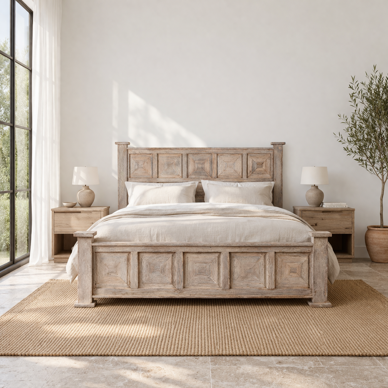 Bedroom scene with a wooden bed Hiral with panelled headboard and footboard, made of reclaimed wood in sandblasted Ibiza style, boho beds and bedroom furniture, 180 × 200 × 140 cm.