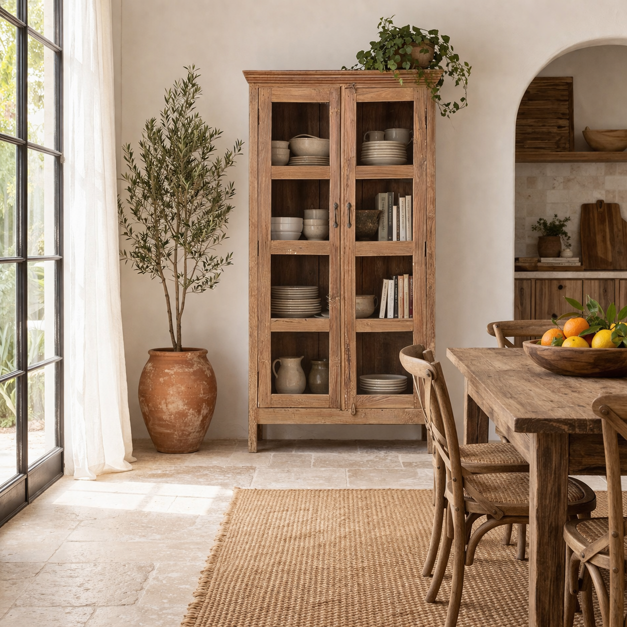 Lifestyle image of a recycled teak wood showcase with four glass-framed doors and internal storage – sustainable teak wood furniture combining timeless elegance and eco-friendly craftsmanship.