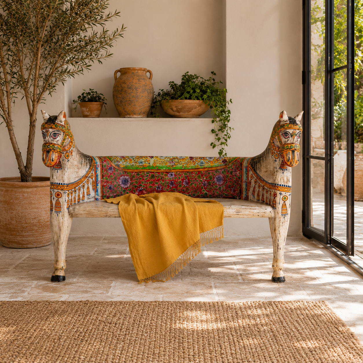 Hunar hand painted double headed horse bench crafted from reclaimed teak wood, 160cm