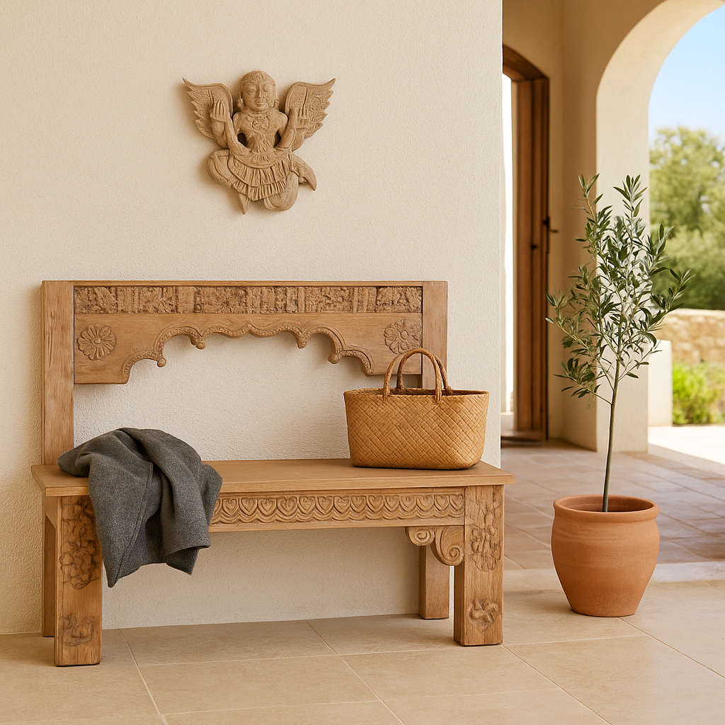 Lifestyle imagination of a hand-carved Indian deity wall sculpture with wings, made from reclaimed wood with sandblasted finish – spiritual wall decoration, 30x40x5cm.