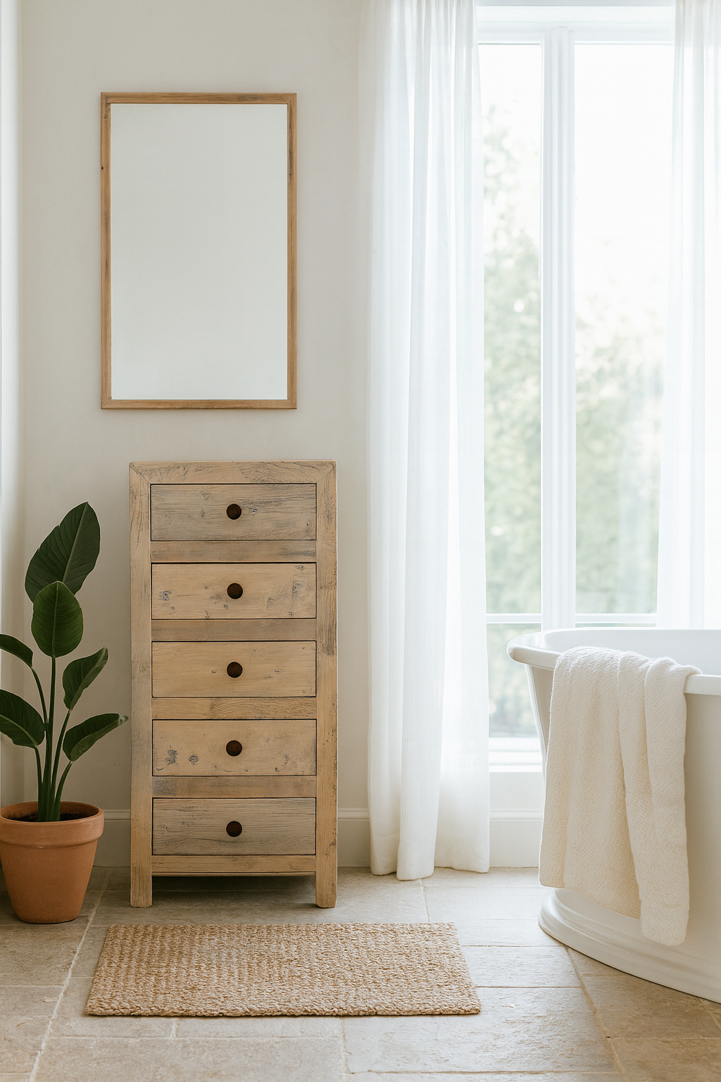 Lifestyle imagination of a chest of 5 drawers made from reclaimed wood with rustic finish; Ibiza style sustainable furniture, 50 × 35 × 110 cm.