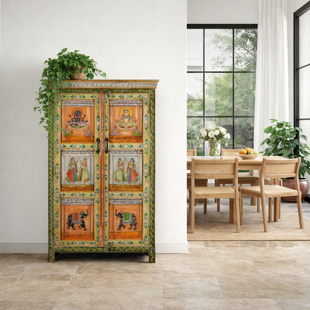 Lifestyle image of a hand-painted reclaimed wood cabinet with Indian gods, floral motifs, and distressed finish; unique furniture for vintage home decor, 90 × 40 × 150 cm.