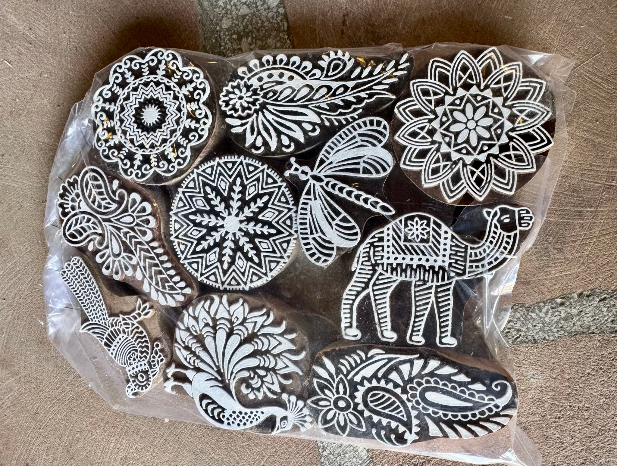 Hand-carved wooden Indian stamp set of 10 pieces featuring floral and animal designs, perfect for printing, crafts, or vintage and India home accessories.