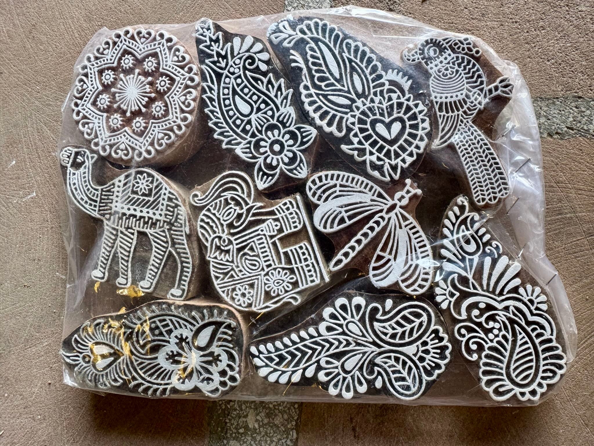 Hand-carved wooden Indian stamp set of 10 pieces featuring floral and animal designs, perfect for printing, crafts, or vintage and India home accessories.