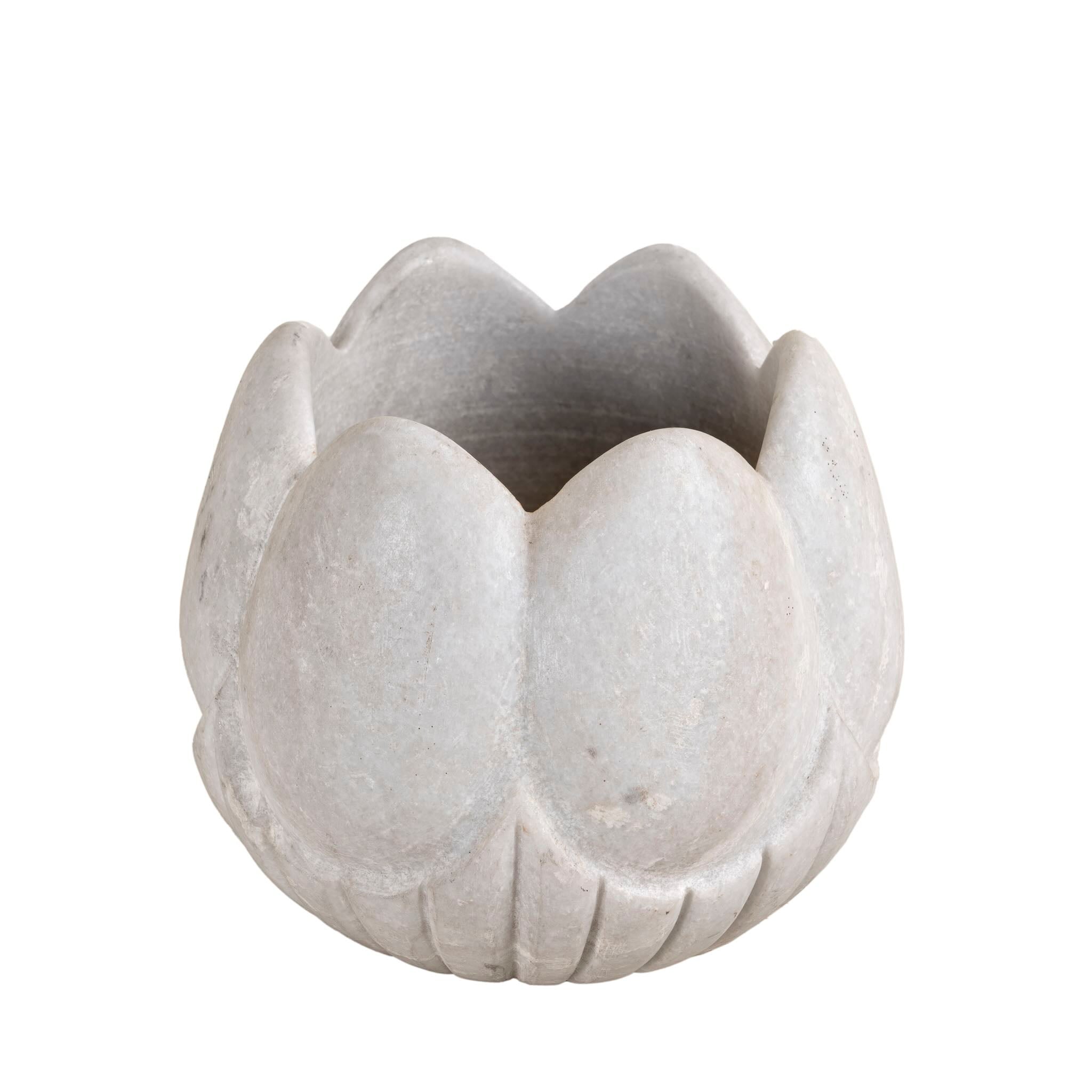 White background image of a hand-carved white marble vase Ishika in a lotus flower shape. A vintage home accessory crafted from natural stone, perfect for vintage home decor and small floral or incense displays.