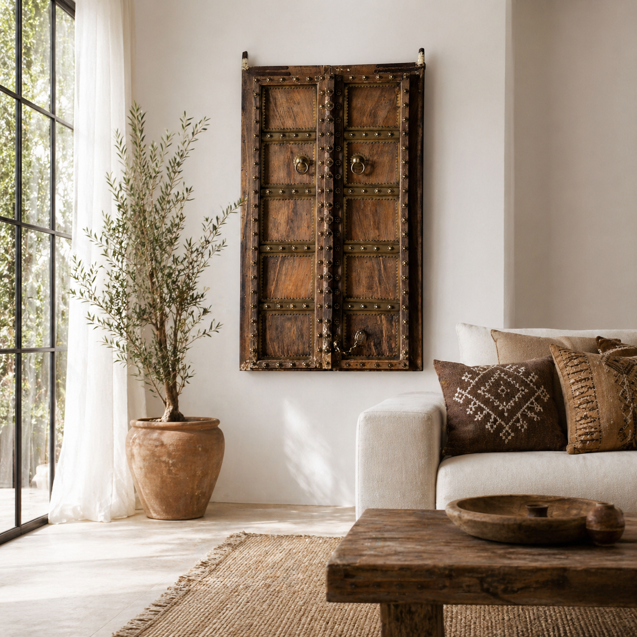 Lifestyle image of a Jain antique door Indian from a historic Jain temple, made from aged teakwood with original brass fittings—an extraordinary piece of spiritual architecture and unique wooden furniture.
