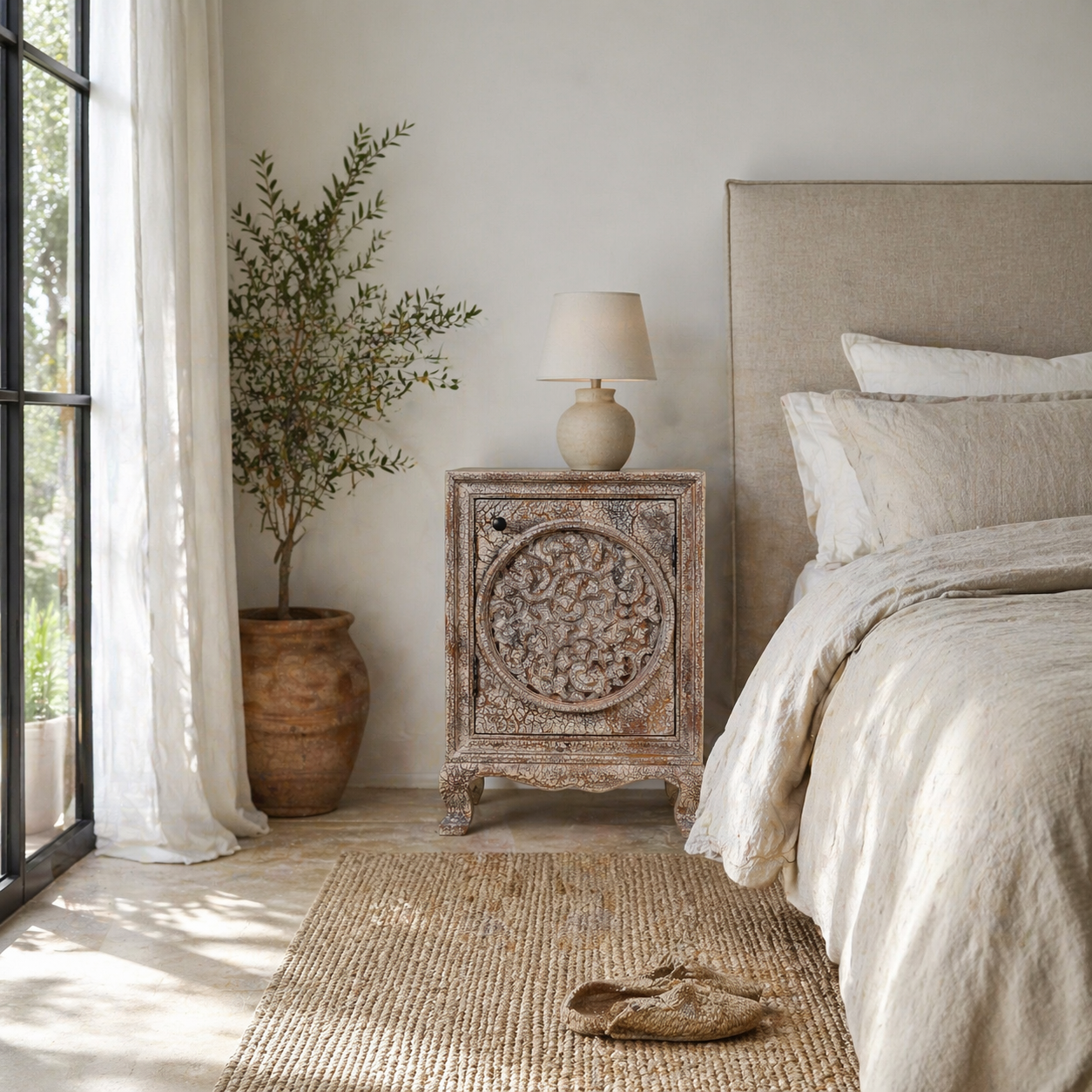 Lifestyle scene of a hand-carved bedside table made of mango wood, featuring intricate round floral motifs on the doors, crackled vintage finish, and elegant curved legs in a distressed antique design.