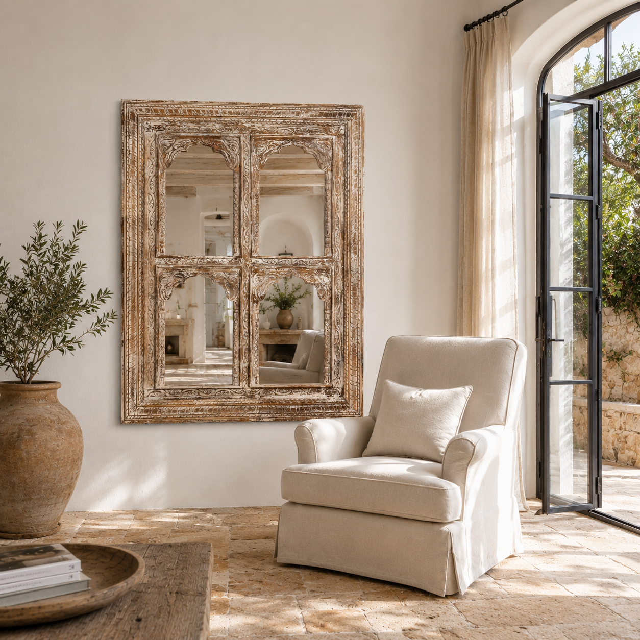 Lifestyle image of a hand-carved wall mirror Jamnagar made from solid mango wood with floral design. A bold piece of Indian furniture online blending craftsmanship and natural beauty.