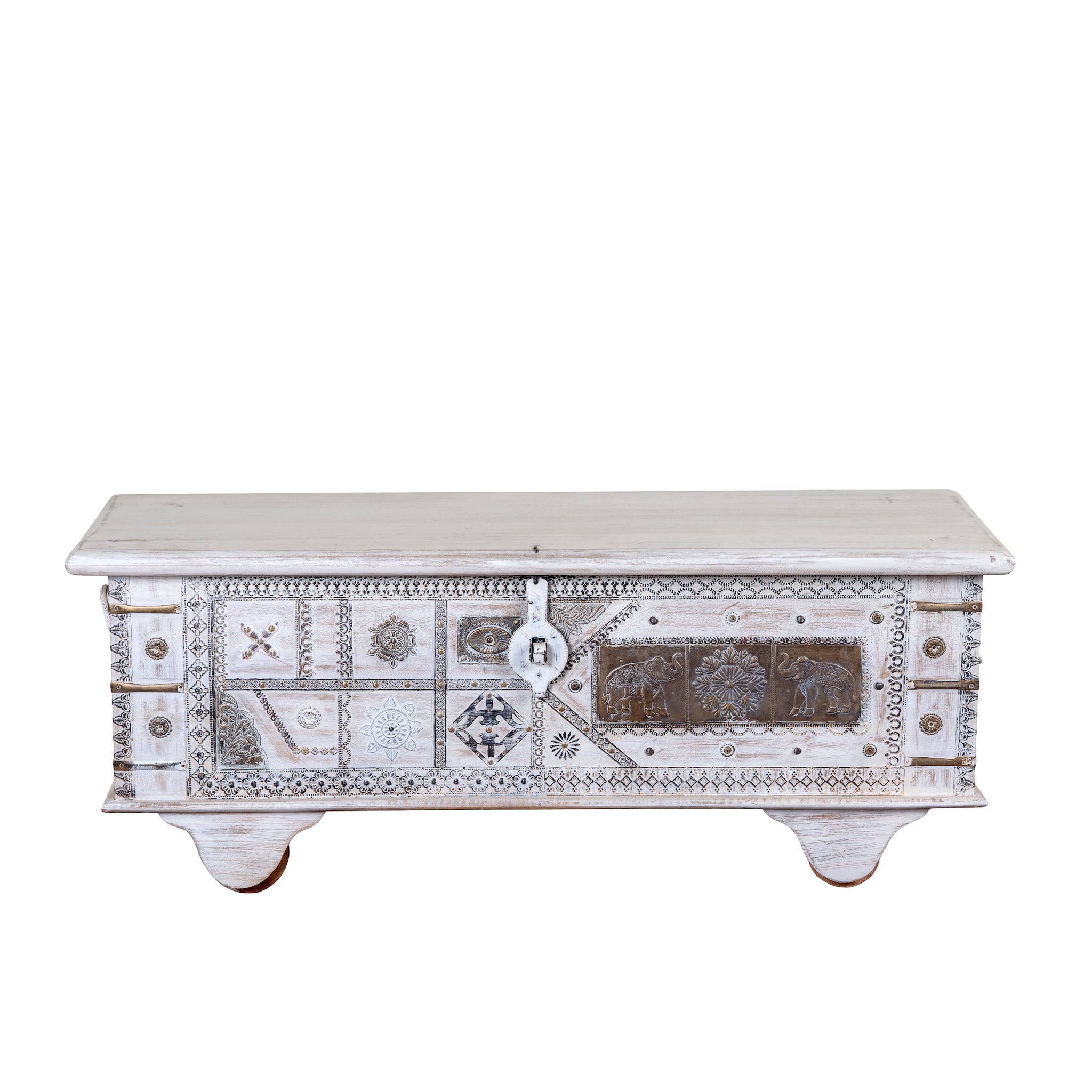 White background image of a Janash whitewashed mango wood coffee table chest with decorative iron fittings and wooden wheels 116cm