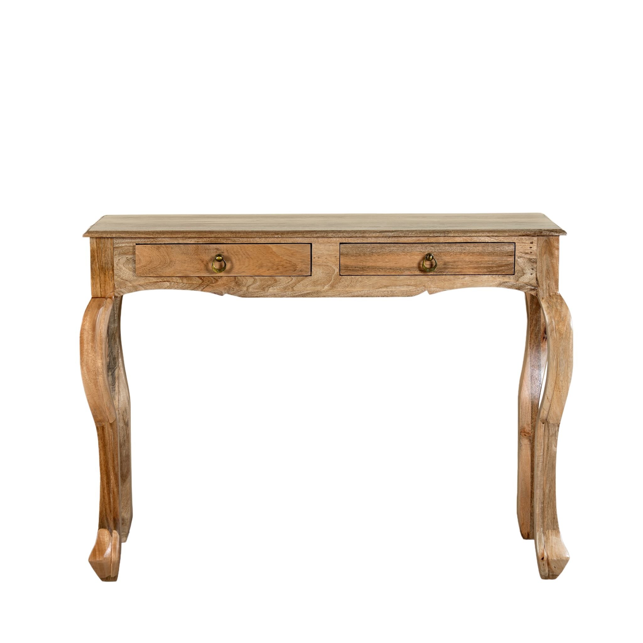 White background image of a desk made of natural mango wood with 2 drawers and carved legs.