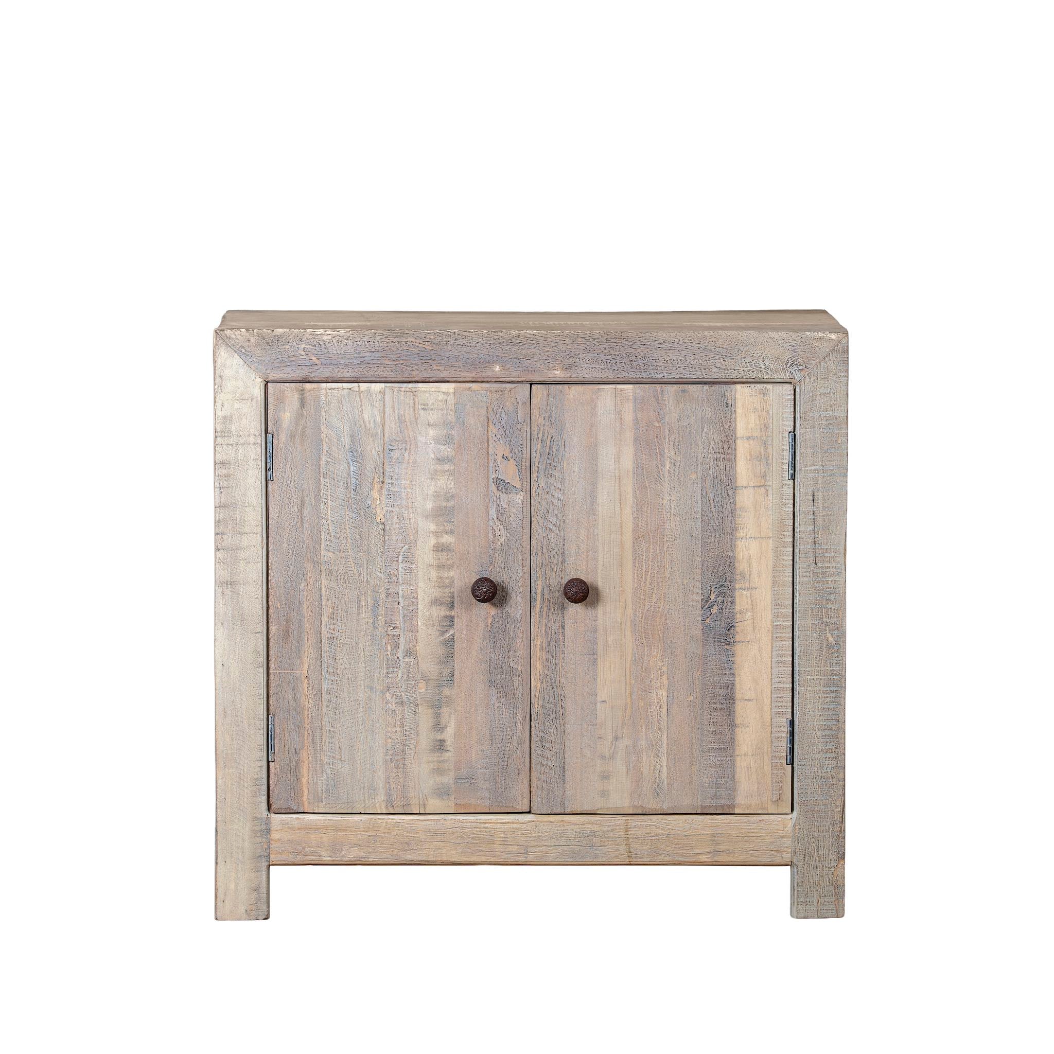 White background image of a rustic cupboard made of reclaimed wood with two doors, sustainable bathroom furniture, 90 × 40 × 86 cm.