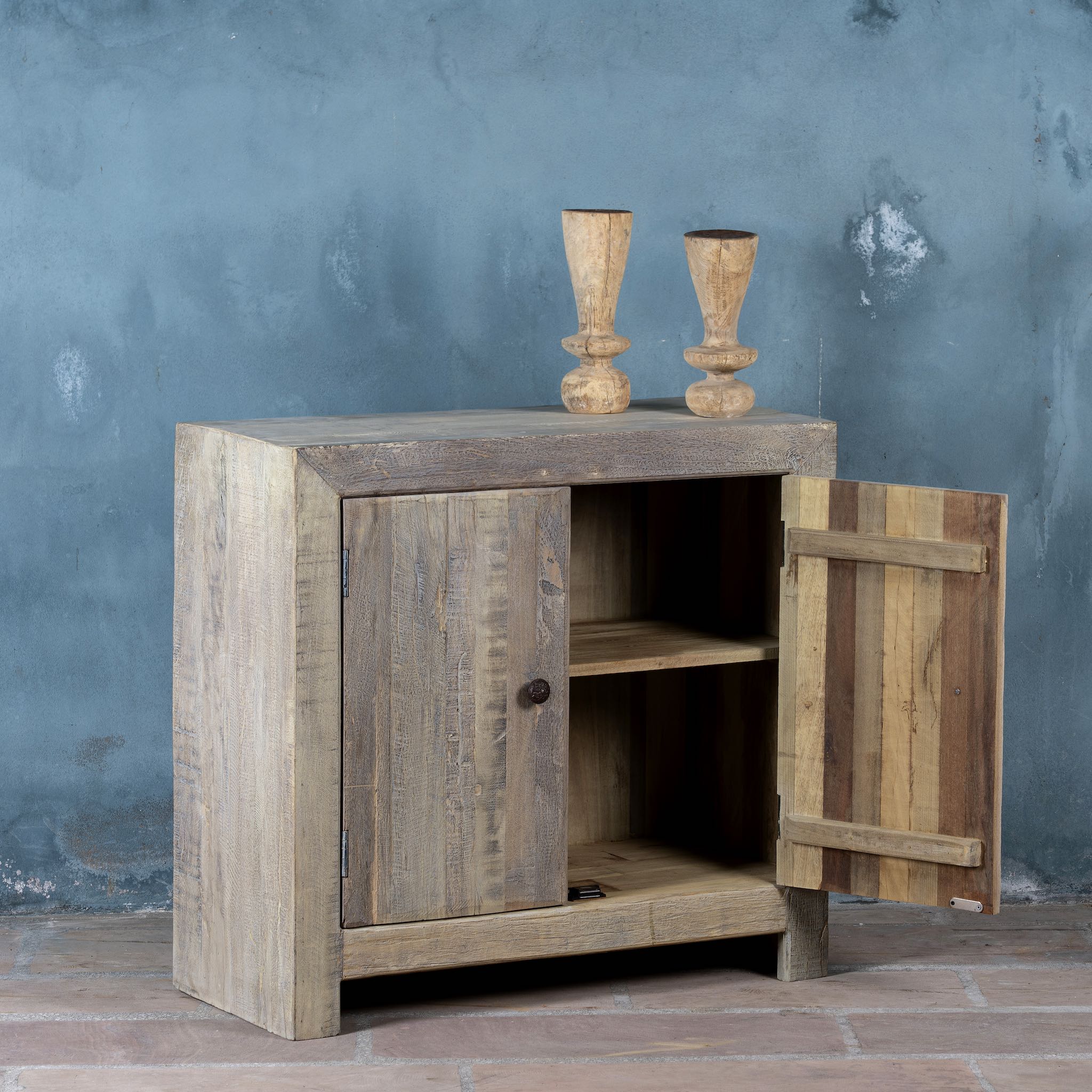 Side angle with open door image of a rustic cupboard made of reclaimed wood with two doors, sustainable bathroom furniture, 90 × 40 × 86 cm.