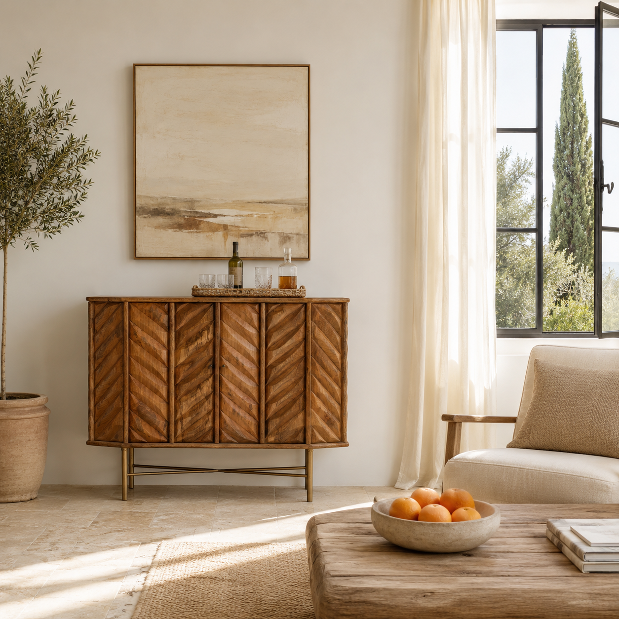 Lifestyle image of a handcrafted mango wood cabinet with raised chevron design and brass handles – Jayapal by Om Home & Garden