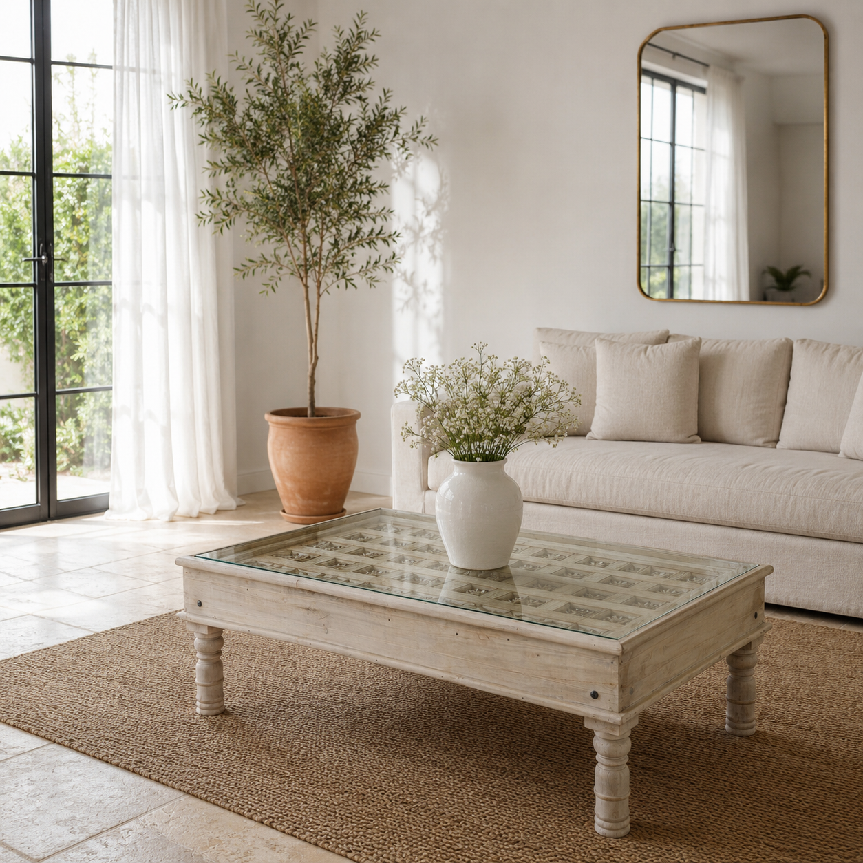 Lifestyle image of a Jayson reclaimed teak wood coffee table with glass top, removable legs, and hand carved antique Indian ceiling panel.