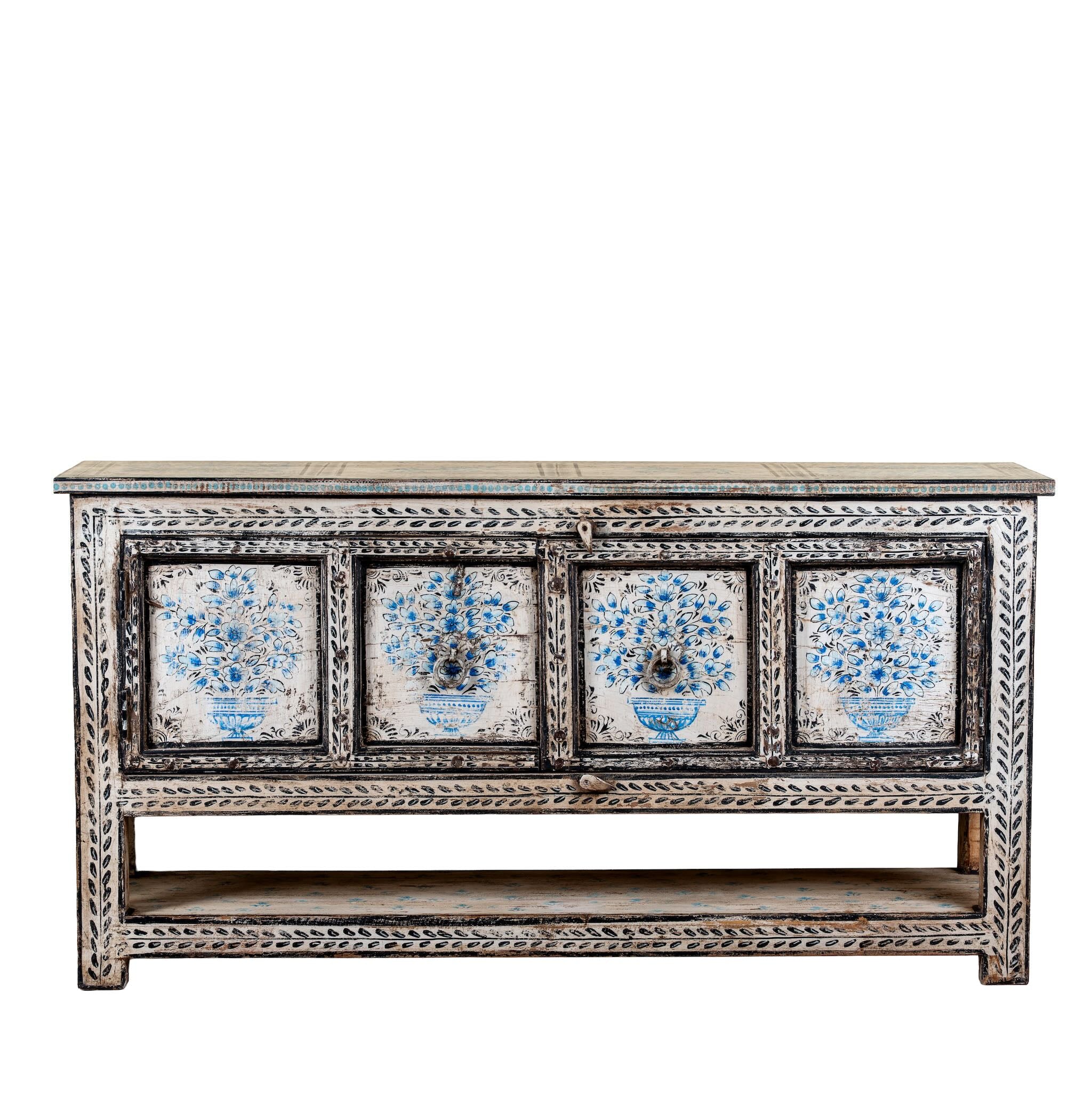White background image of a hand painted console table with 2 doors and plenty of inside storage made of reclaimed old wood in Boho style.