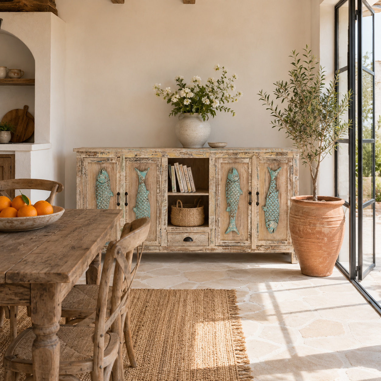 Lifestyle image of a Jhund hand carved mango wood sideboard with blue fish motif doors 184cm
