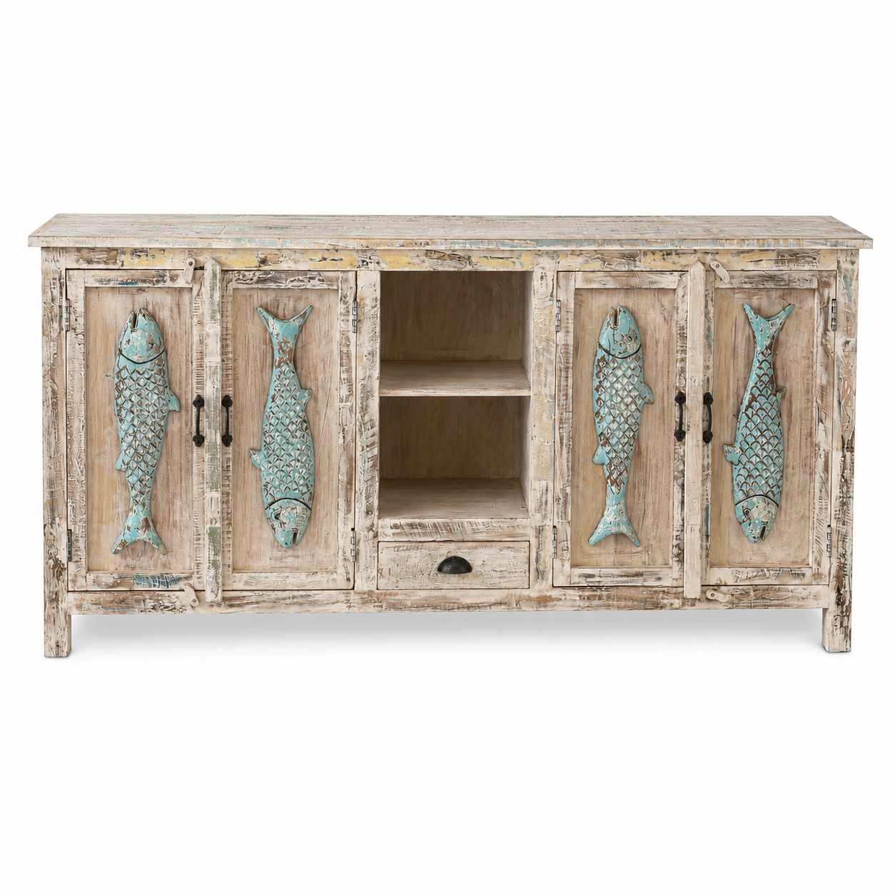 Wite background image of a Jhund hand carved mango wood sideboard with blue fish motif doors 184cm