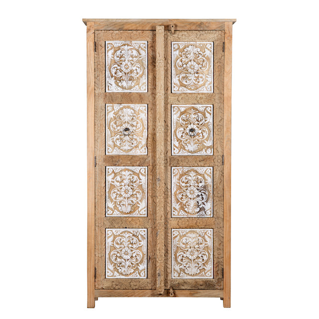 White background image of a hand carved wooden wardrobe made of solid mango wood with whitewashed floral details; Ibiza-style mango wood wardrobe, 190 × 100 × 40 cm.