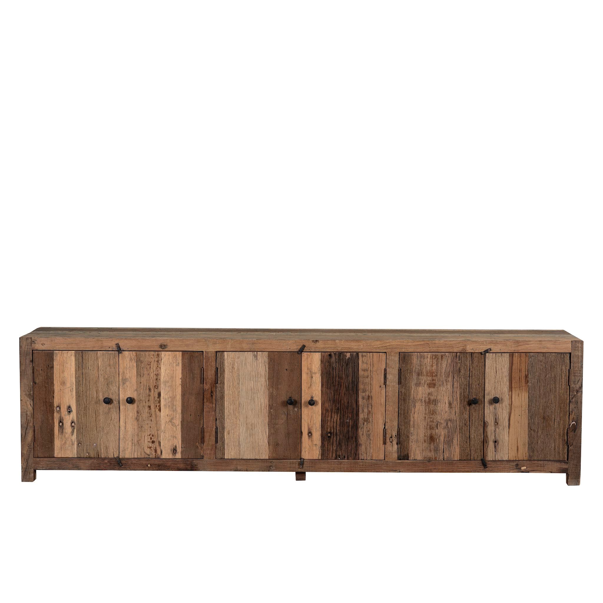 White background image of a driftwood lowboard in reclaimed teak with four cabinets and minimalist design, 230 × 45 × 60 cm.