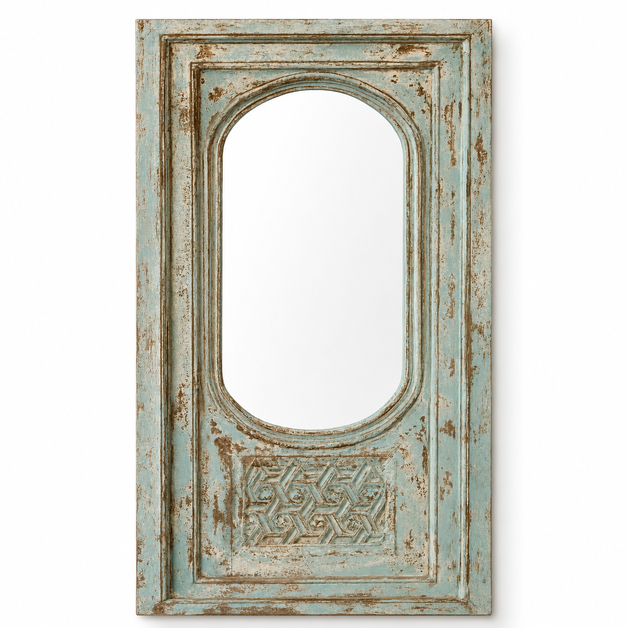 White background image of a Kaichur blue washed hand carved mango wood wall mirror, 160cm