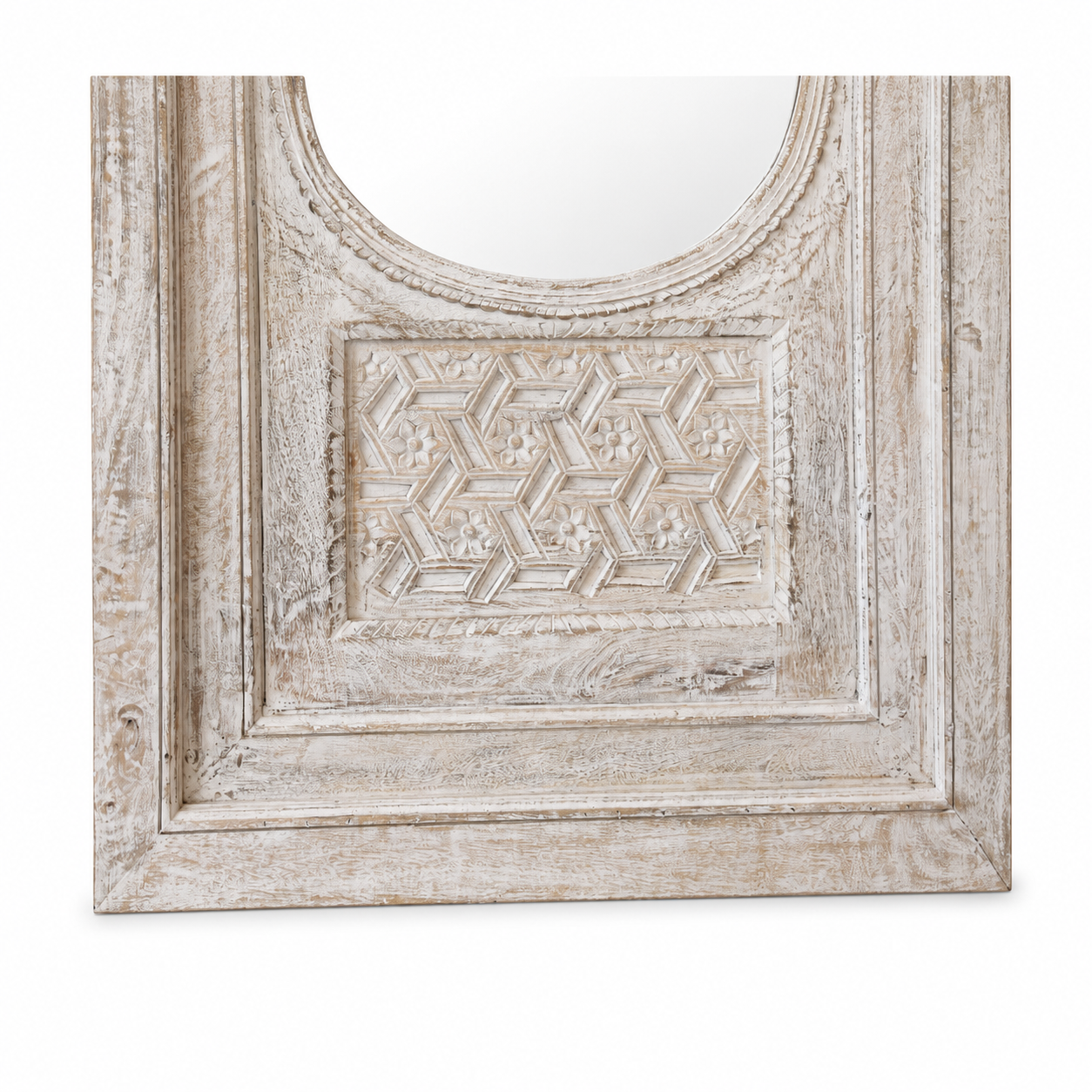 Close up image of a white washed tall vintage wall mirror with hand-carved mango wood frame; rustic hand carved mirror, 86 × 160 × 5 cm.