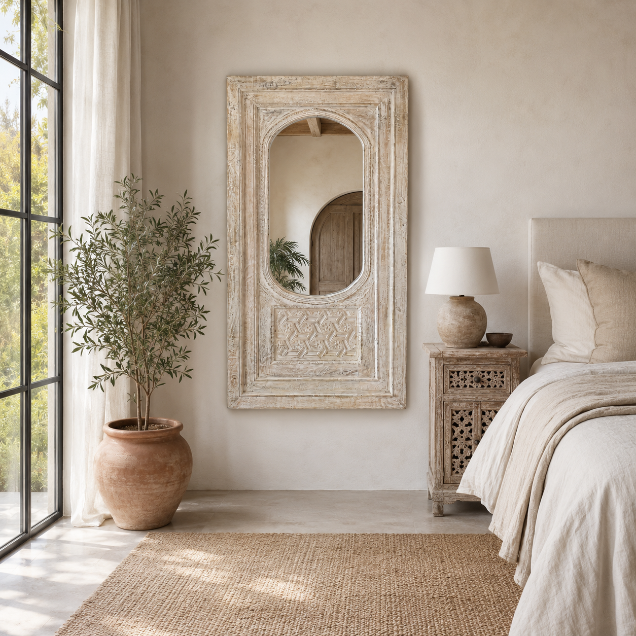Lifestyle image of a white washed tall vintage wall mirror with hand-carved mango wood frame; rustic hand carved mirror, 86 × 160 × 5 cm.