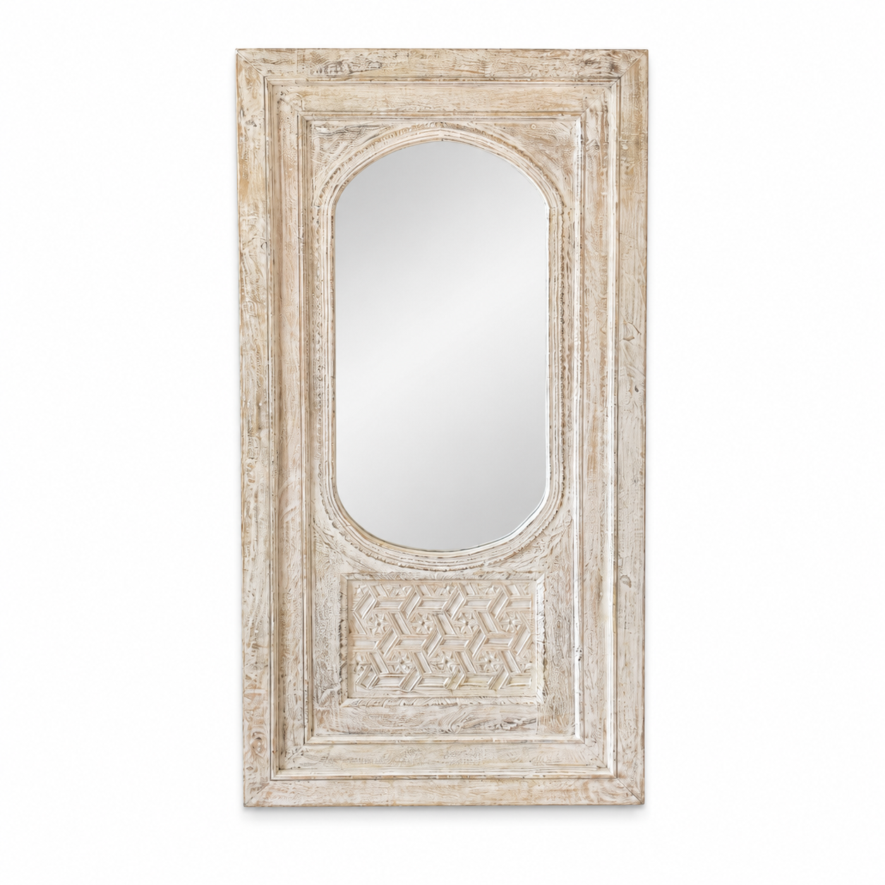 White background image of a white washed tall vintage wall mirror with hand-carved mango wood frame; rustic hand carved mirror, 86 × 160 × 5 cm.