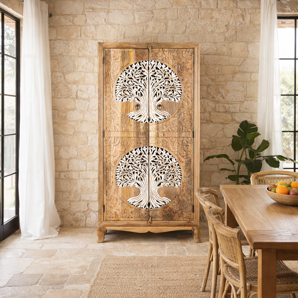 Lifestyle image of a artisanal Tree of Life furniture wardrobe with whitewashed carvings, handcrafted mango wood with four storage compartments, 90 × 40 × 180 cm.