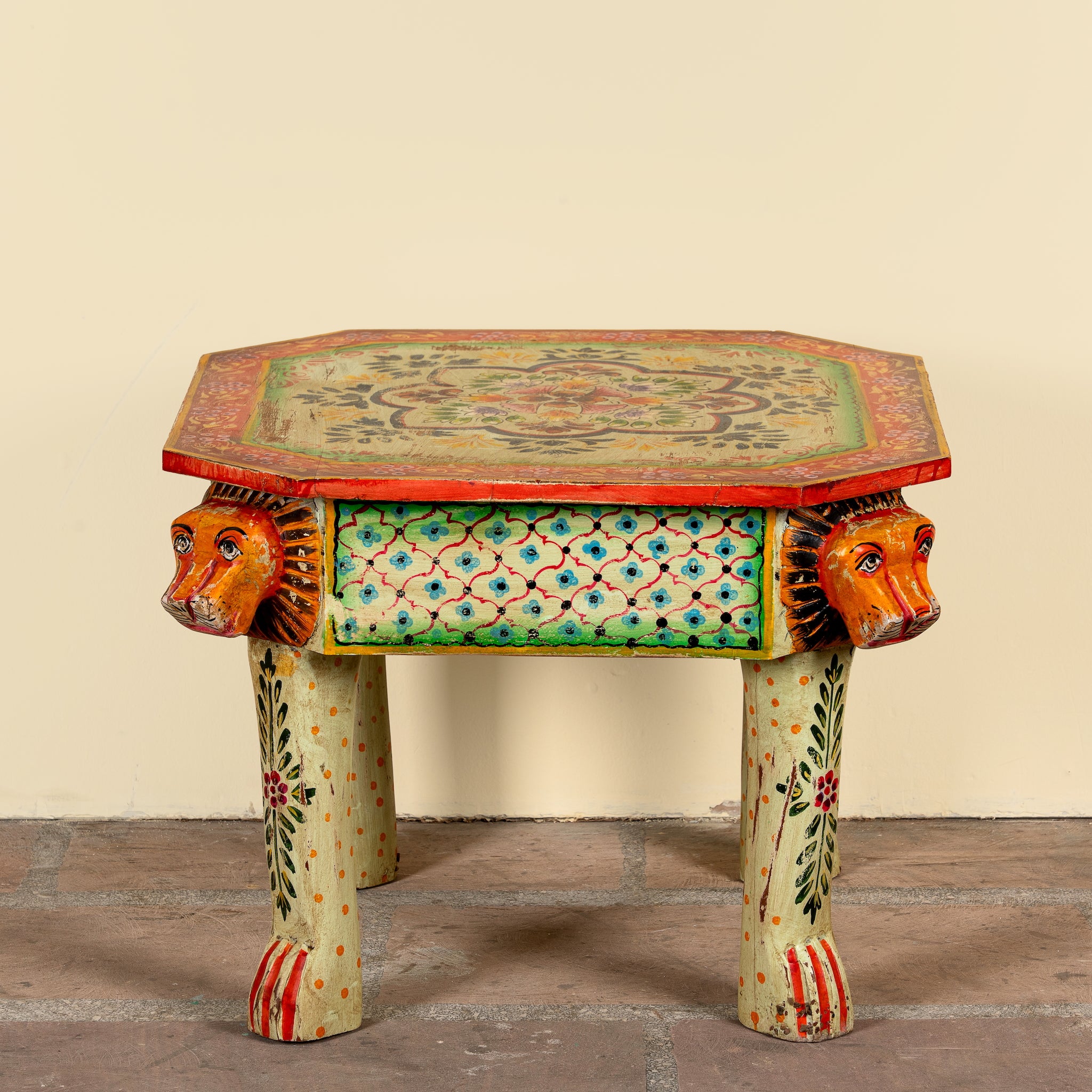 Kaliana hand-painted reclaimed wood coffee table with sculpted tiger heads and colourful floral design 80cm