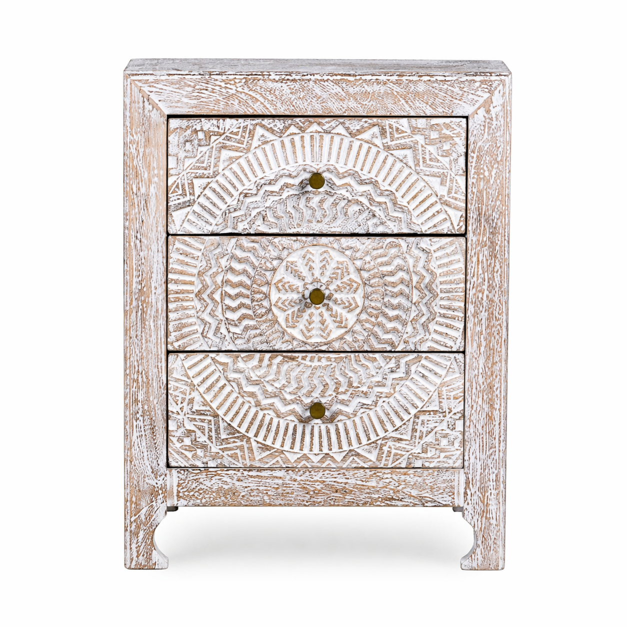 White background image of a hand carved night stand in solid mango wood with mandala motifs; white washed furniture, 50 × 40 × 60 cm.