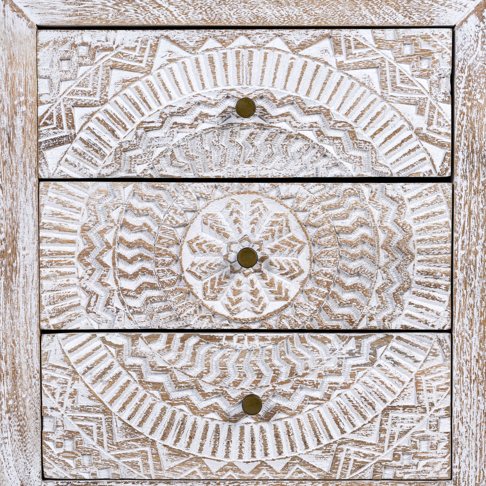 Close up image of a set of two hand carved night stands in solid mango wood with mandala motifs; white washed furniture, 50 × 40 × 60 cm.