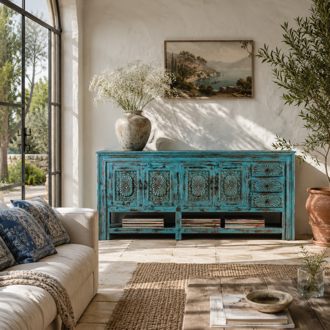 Lifestyle image of a Kalpana reclaimed wood console table with blue distressed finish, carved doors, three drawers, enclosed storage and open lower shelf.