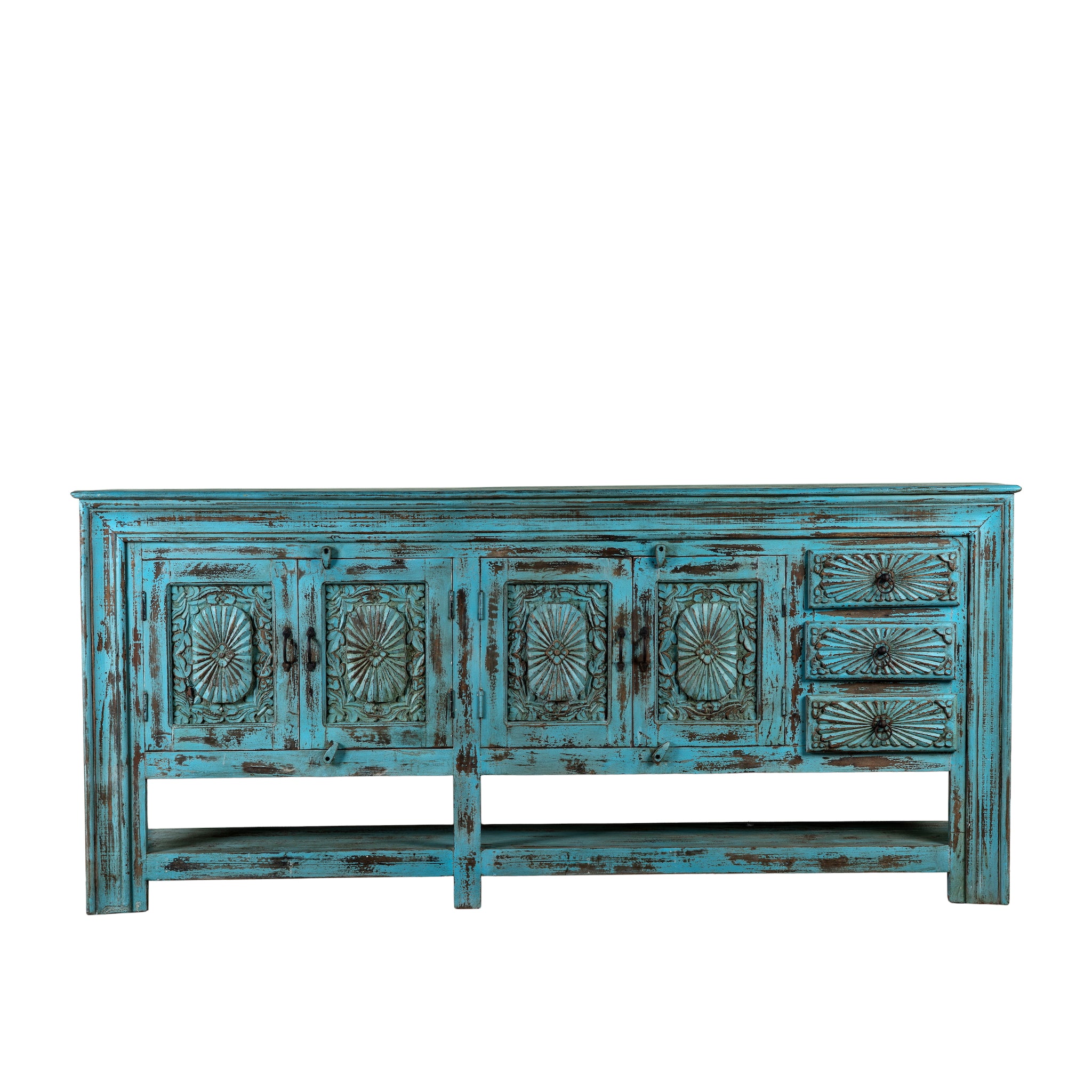 White background image of a Kalpana reclaimed wood console table with blue distressed finish, carved doors, three drawers, enclosed storage and open lower shelf.