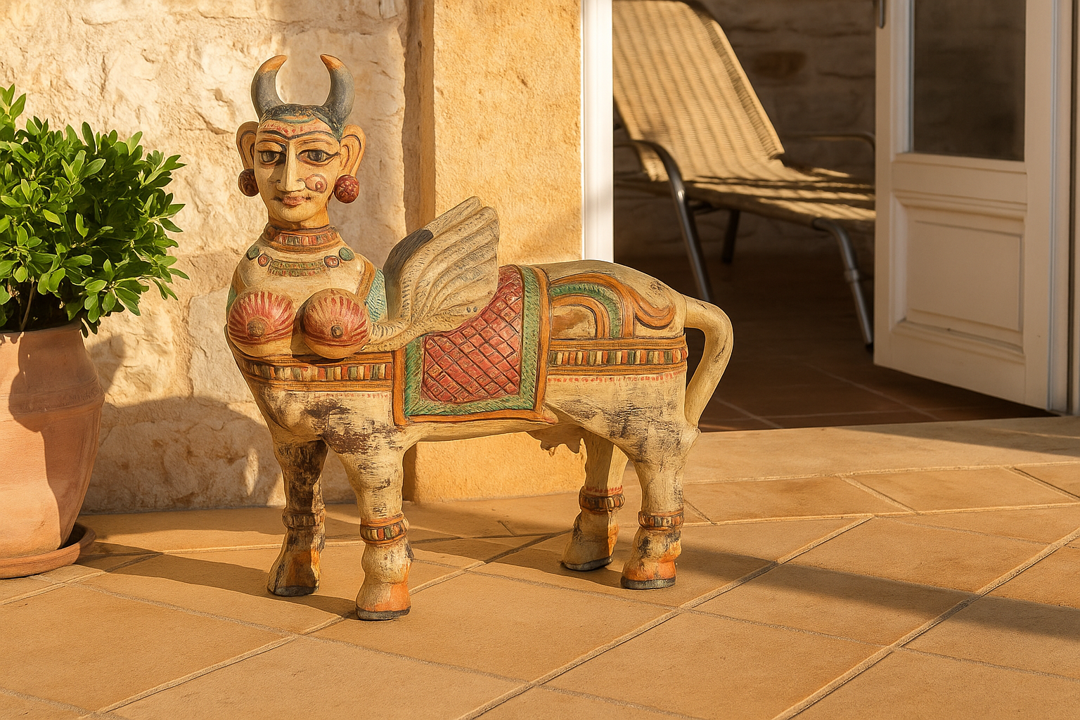 Lifestyle image of a hand-carved Kamadhenu Indian wooden sculpture made from recycled teak – artistic Indian home accessory with painted detail, 70x40x20cm.